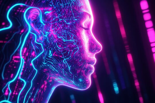 Neon light representation of a human profile with digital patterns and vibrant colors