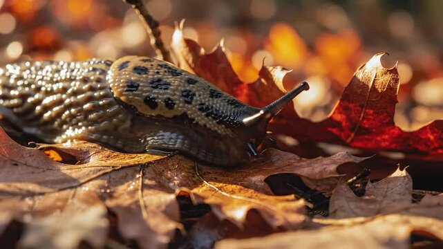 A spotted slug emerges from the fallen autumn leaves, its tentacles sensing the environment