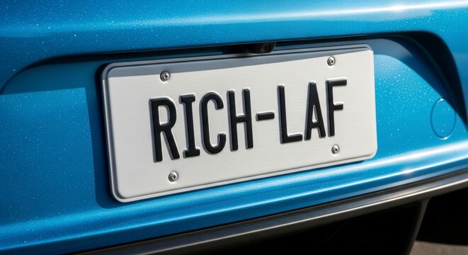 Rich Laf license plate on car.