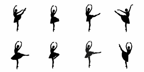 Set of eight black ballerina silhouettes demonstrating different classical ballet dance poses on a clean white background. © Nadya