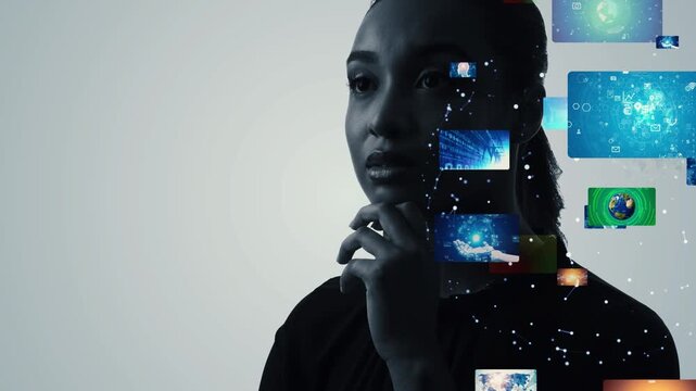 Thinking woman and science and technology concept