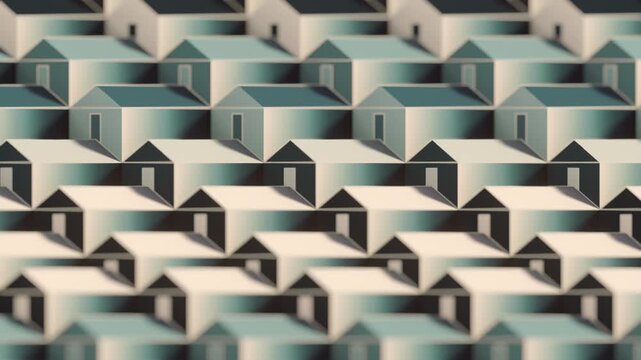 Surreal 3D animation with a pattern of houses. An atmospheric background on the theme of real estate, suburbs, and uniform development. Seamless, cyclical animation in a vintage style