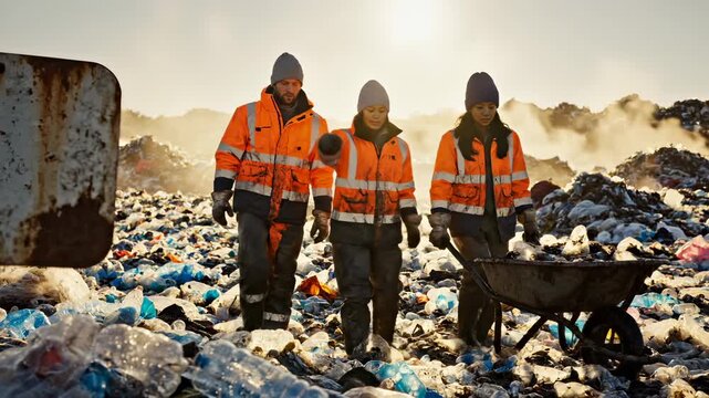Workers collect waste at landfill with wheelbarrow during sunrise. Team sorts garbage wearing safety vests. Landfill workers push wheelbarrow through waste. Sunrise at dump site with worker team.
