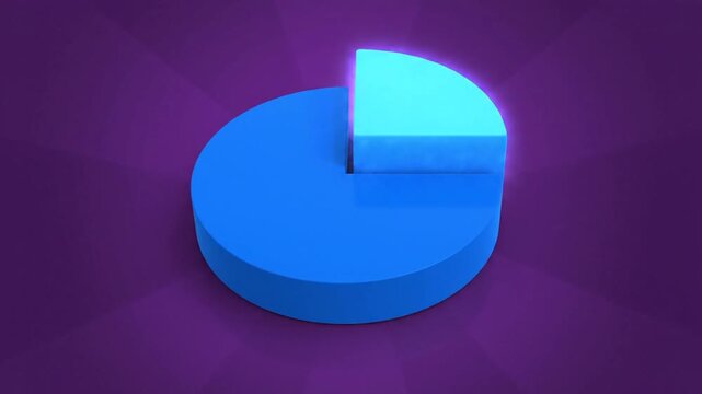 A blue 3D pie chart with one slice removed, isolated on a purple gradient background