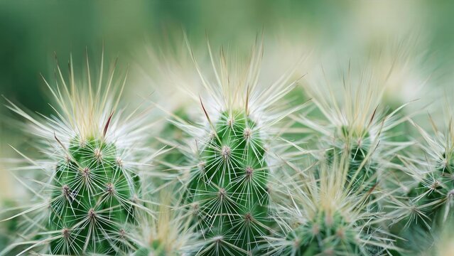 Close-up of small green cacti densely covered in long white spines radiating from each areole. Concept Macro photograph of small green cacti with long white spines radiating from each areole