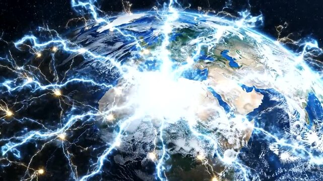Global energy network connecting continents with lightning bolts