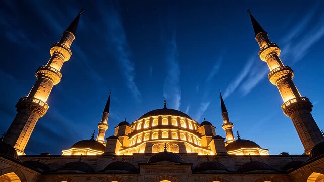 Illuminated mosque at night with minarets