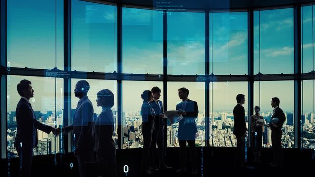 Group of multinational business people talking in lobby and digital technology concept