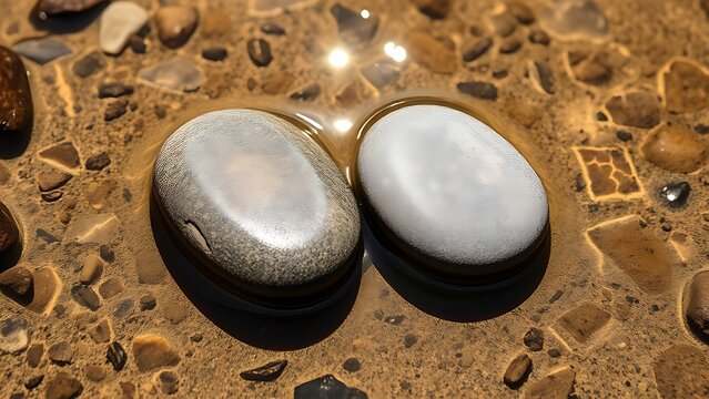 spandrel. Two smooth river stones resting on a sandy stream bed, natural textures. travel magazines, destination branding, designed for travel destination branding, used by management consultants.