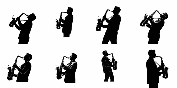 Eight vector silhouettes of male saxophone players performing jazz or blues music, isolated on a white background, illustrating musicians and brass instruments.