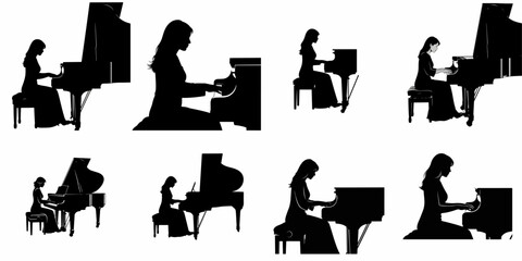 A collection of eight black silhouettes featuring a woman elegantly playing a grand piano, representing classical music performance and artistry. © Nadya