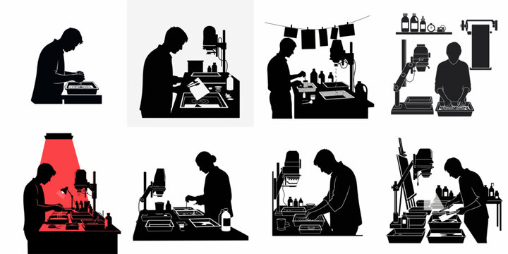 Darkroom Photography Development Process Silhouette Set: Vintage Analog Photo Printing and Enlarging.