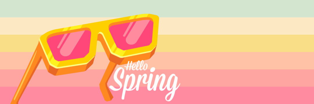 Hello Spring vector banner with text and retro yellow sunglasses isolated on stripped background. Hello Spring poster design template with cartoon sunglasses, retro rainbow, good vibes