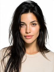 Naklejka premium Young woman with long dark hair and natural makeup poses confidently in a light-colored shirt against a plain white background, showcasing her facial features and expression