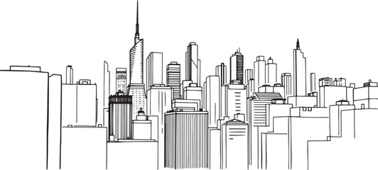 City landscape. Different buildings on street, outline cityscape hand sketch, flat houses. Hand drawn vector illustration