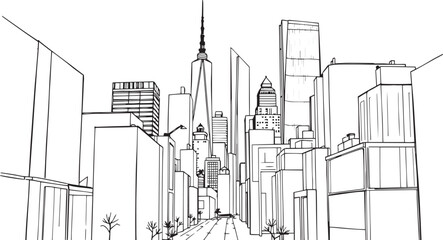 City landscape. Different buildings on street, outline cityscape hand sketch, flat houses. Hand drawn vector illustration