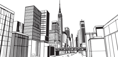 City landscape. Different buildings on street, outline cityscape hand sketch, flat houses. Hand drawn vector illustration