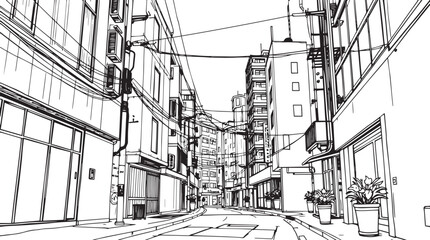 City landscape. Different buildings on street, outline cityscape hand sketch, flat houses. Hand drawn vector illustration