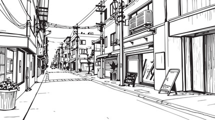 City landscape. Different buildings on street, outline cityscape hand sketch, flat houses. Hand drawn vector illustration