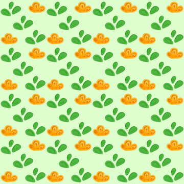 Organic Green Leaves and Abstract Orange Buds Seamless Pattern 