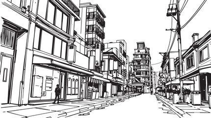 City landscape. Different buildings on street, outline cityscape hand sketch, flat houses. Hand drawn vector illustration