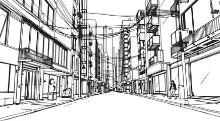City landscape. Different buildings on street, outline cityscape hand sketch, flat houses. Hand drawn vector illustration