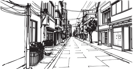 City landscape. Different buildings on street, outline cityscape hand sketch, flat houses. Hand drawn vector illustration