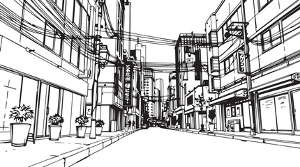 City landscape. Different buildings on street, outline cityscape hand sketch, flat houses. Hand drawn vector illustration