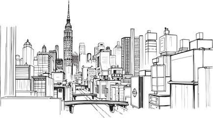 City landscape. Different buildings on street, outline cityscape hand sketch, flat houses. Hand drawn vector illustration