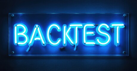 Obraz premium Bright blue neon sign spells BACKTEST. Wall background provides contrast. Simple, modern aesthetic. Clean lines, minimal design.