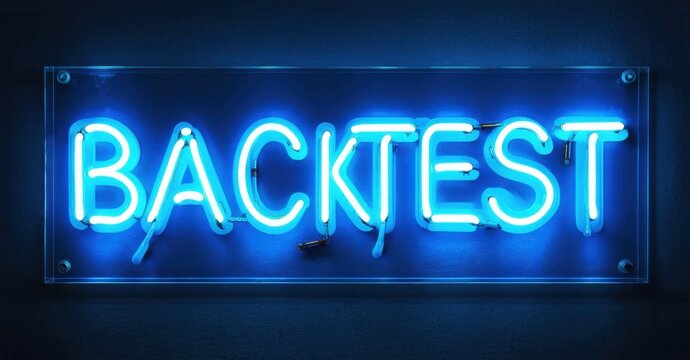 Bright blue neon sign spells BACKTEST. Wall background provides contrast. Simple, modern aesthetic. Clean lines, minimal design.