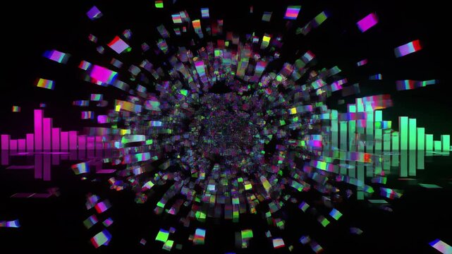 3D Neon Audio Equalizer Bars Glitching into Abstract Digital Particle Tunnel with Magenta and Cyan Reflections