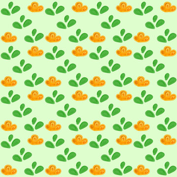 Organic Green Leaves and Abstract Orange Buds Seamless Pattern 