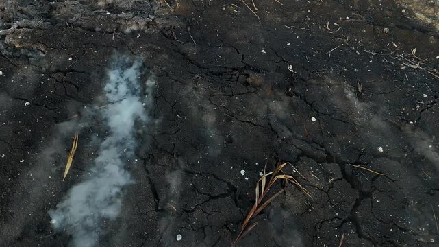 Close up aerial of smoke rising from cracks in the parched black soil after an agricultural fire in a cold winter setting with a dark ground texture
