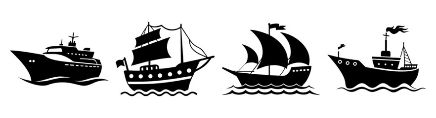 Set of four black and white sailing ships and boats vector illustration on waves maritime travel adventure