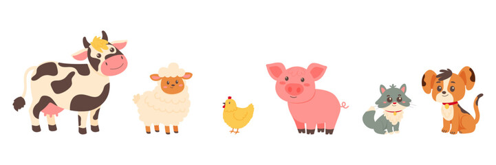 Fototapeta premium Cute farm and domestic animals set with cow sheep pig chicken cat dog vector illustration.