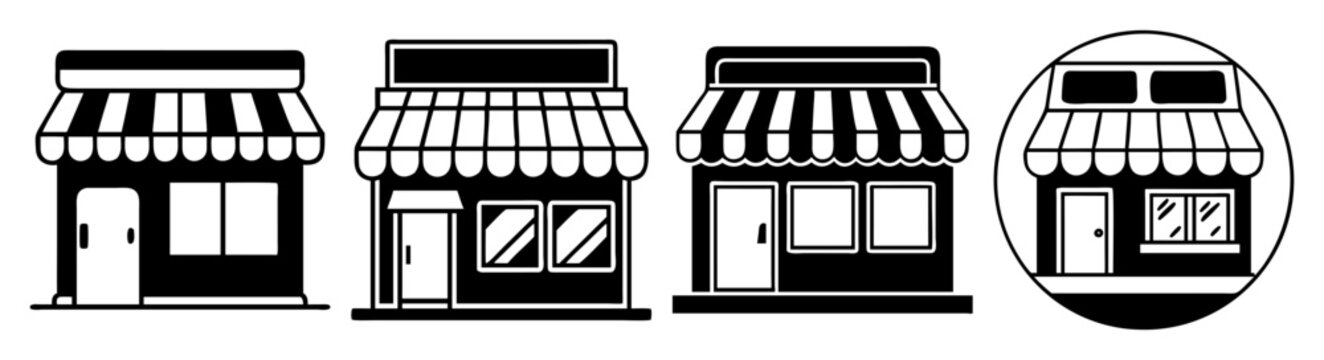 Modern black and white striped storefronts with awnings vector illustration isolated on white background