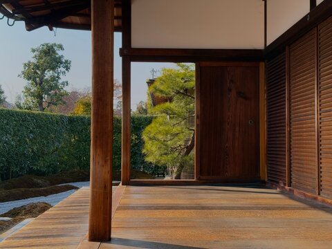 Traditional Japanese Engawa with Wooden Floor and Garden View