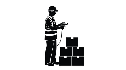 construction worker using handheld device near stacked boxes a striking silhouette © Rakib