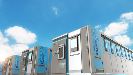 Energy storage system or battery container unit with blue sky background