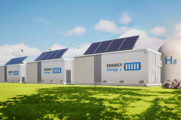 Group of energy storage systems or battery container units with various sources of energy