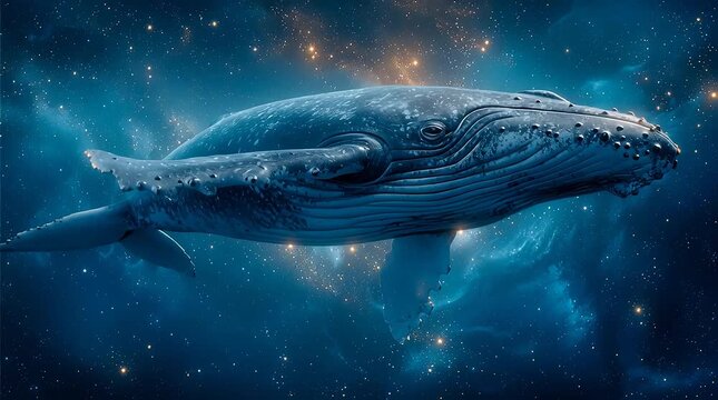 Surreal generative AI video of a symbolic crypto whale floating through a star-filled night sky. The scene blends blockchain and cryptocurrency symbolism with cosmic fantasy, representing market power