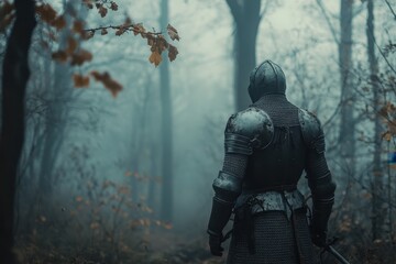 Fototapeta premium Knight in armor walking through a foggy forest with autumn leaves on the ground