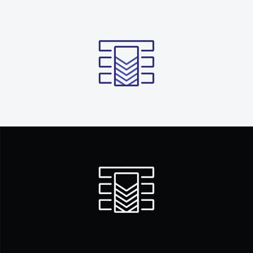 An abstract blue and white line art logo depicts a stylized server rack or data storage unit with a downward arrow, symbolizing efficient data management.