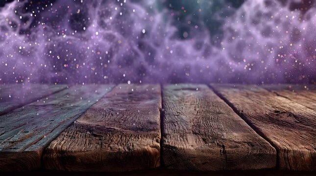 Mystical purple smoke filled with shimmering glitter particles gently moves above a wooden floor, creating a magical and enchanting atmosphere. This generative AI video conveys a fantasy and spellbind