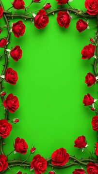 Blooming Red Roses and Thorny Vines Frame a Vibrant Green Screen Background Animation
