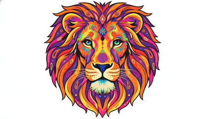 Obraz premium Psychedelic Rainbow Lion Head Mandala – Neon Majestic Artwork. Powerful and hypnotic digital illustration of a majestic lion's face reimagined in intricate psychedelic mandala style