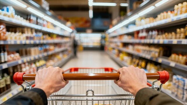 POV shot of a person pushing an empty grocery shopping cart down a brightly lit supermarket aisle.