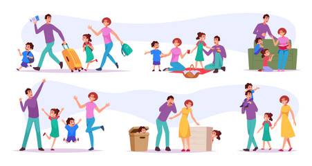Fototapeta premium Big family. Mother father sister and brother daily games exact vector family group