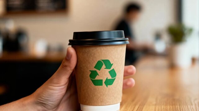 Close-up shot of a hand holding a recyclable paper coffee cup with a green recycling logo inside a blurred coffee shop environment.